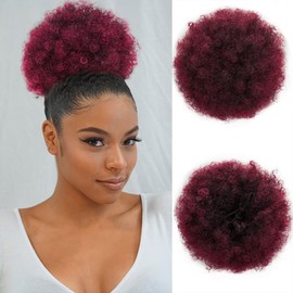 Afro Buns for Black Women 100% Brazilian Human Hair Red #99J Kinky Curly Afro Puff Drawstring Ponytail Hair Burgundy Color Bun Extensions for Women 8 Inch
