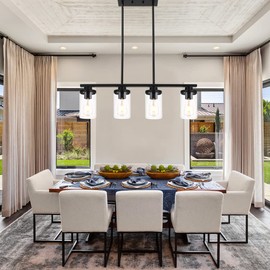 QueeuQ Kitchen Island Pendant Light,4-Light Dining Room Light Fixtures Over Table Vintage Black Flush Mount Ceiling Hanging Lighting with Glass Shade for Kitchen Island Dining Living Room