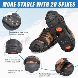 Ice Snow Grips Anti-Slip Spikes 28 Teeth Ice Snow Traction Cleats Crampons Slip on Boots Footwear Winter Outdoor for Hiking Fishing Climbing (Include Velcro Strap, L)