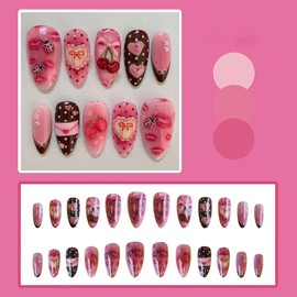 24Pcs Handmade Summer Cute Cartoon Press on Nails Medium Almond Fake Nails Press ons Cherry Bow Design Artificial Nails Glue on Nails Full Cover French Glossy Stick on Nails for Women