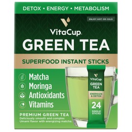 VitaCup Green Tea Instant Packets, Enhance Energy & Detox with Matcha, Moringa, B Vitamins, D3, Fiber, Keto, Paleo, Vegan in Tea Powder Single Serving Sticks, 24 Ct