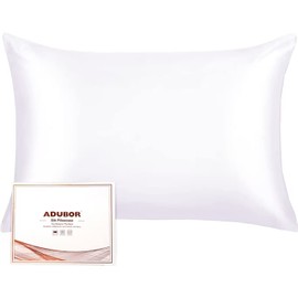 Adubor Silk Pillowcase for Hair and Skin with Hidden Zipper, Both Side 23 Momme Silk,900 Thread Count (50x75CM, White, 1pc)