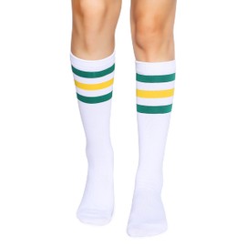 Henwarry Over the Calf Tube Socks Classic Triple Stripes Cotton Retro Athletic Socks for Men and Women (A02-Green/Yellow/White)