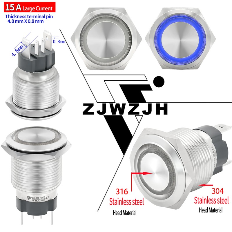 UL Listed 15Amp 19mm Momentary Push Button Switch 3/4" Waterproof