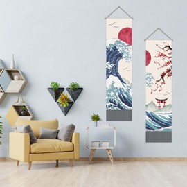 AHANDMAKER Pack of 2 Japanese Wave Tapestries Ocean Wave Tapestry Red Sun & Waves & Red Cherry Blossoms Tassel Tapestry Wall Hanging for Room, 13 x 51 Inch