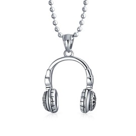 Hip Hop Music Lover DJ Headphones Pendant Necklace for Men for Teen Silver Tone Stainless Steel with Ball Chain