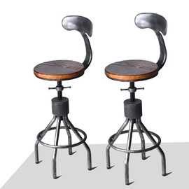 LOKKHAN Set of 2 Rustic Industrial Bar Stool-24-30 Adjustable Metal Swivel Wooden Top Barstools-Counter Height Extra Tall Bar Height-Vintage Farmhouse Kitchen Breakfast Cafe Stool-with Backrest