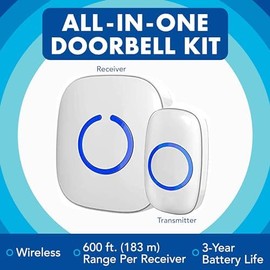 Wireless Doorbell, 300 m Range, Waterproof Front Door Bell Kit with Plug-In Receiver and Transmitter, 52 Melodies Doorbell with LED Flash (White)
