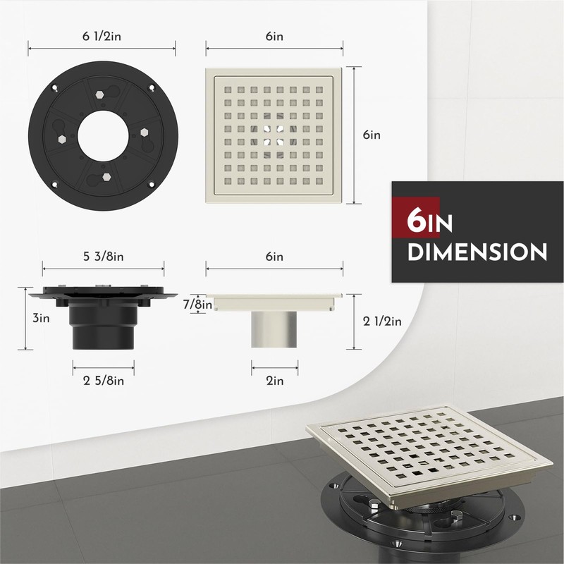 WEBANG 6 Inch Square Shower Floor Drain with Flange,Quadrato Pattern