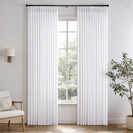 White Pinch Pleated Linen Sheer Curtains 105 Inches Long, Memory Shape Pleated Curtains Living Room Bedroom, Natural Textured Thick Semi Sheer Privacy Curtain Drapes Farmhouse Light Filtering Curtain