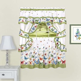 Printed Cottage Window Curtain Set - 57 Inch Width, 36 Inch Length - Green Butterflies - Polyester Soft Window Treatment Include Valance, Attached Swaggers, Tiebacks & Two Tiers by Achim Home Decor