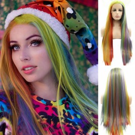 SereneWig 24" Long Straight 8 Colors Rainbow Mermaid Synthetic Lace Front Wigs for Women Streak Orange Red Purple Blue Gray Green Yellow Colorful Lace Wigs Cosplay Party Christmas Wigs Heat Safe