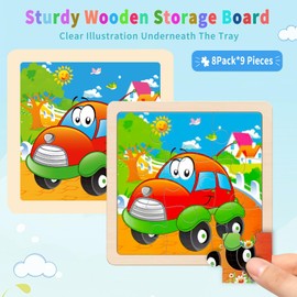 Wooden Puzzles for Toddlers, 8 Pack Vehicle Car Construction Jigsaw Puzzles for Kids Ages 3-5, 9 Pieces Puzzles for Kids Ages 4-6 Preschool Learning Activities, Educational Toys Gift for Boys