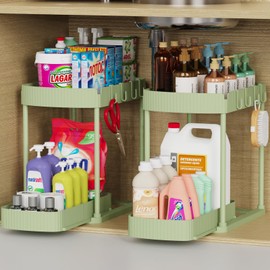 Ukeetap 2 Pack Multi-Purpose Pull-Out Storage Organizers, Under Sink Organizers and Storage for Bathroom & Kitchen, Under Cabinet Organizers and storage, 12.8 Inch, Green