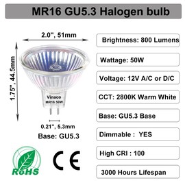 Vinaco MR16 Halogen Bulb 50W 12V, 6 Pack MR16 Bulb Dimmable, Long Lasting MR16 GU5.3 50W Bulb, 2800K MR16 Warm White with GU5.3 Base, Halogen MR16 50W for Landscape, Track Lights, and Fiber Optics