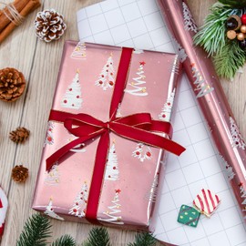 Burymento Christmas Wrapping Paper Roll, Pink Gift Wrap Paper with Grid Lines for Christmas，Metallic Foil Shiny Wrapping Paper - 17 Inches x 32.8 Feet 1 Roll Christmas Trees
