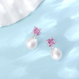 BAMIKI Pearl Drop Dangle Earrings, Freshwater Cultured Pearls 10-12MM, 925 Sterling Silver Luxury Everyday or Formal Earrings with Gem Quality Pink CZ, Anniversary Jewelry Gifts for Women