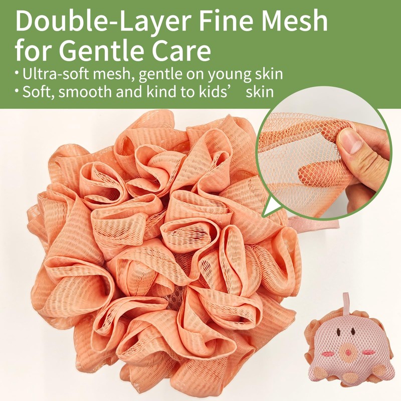 Kids Loofah,Cute Octopus & Bear Bath Sponge,Double-Layer Soft Mesh Loofah