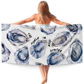 WAITPI Oyster Beach Towel, The World is Your Oyster Beach Towels Oversized Gifts for Women Men, Coastal Ocean Quick Dry Travel Sand Free Towel Decor for Bathroom Swimming Pool 30x60in