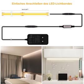 TTWAY COB LED Strip 4000 K Natural White, 5 m Dimmable, Flexible 24 V COB LED Strip Light Set, 480 LEDs/M, GS Power Supply, with RF Remote Control, CRI90+ Bright Under-Unit Light for TV, DIY