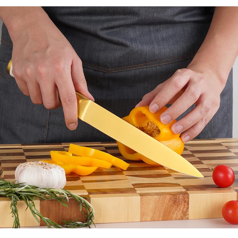 7Pcs Gold White Kitchen Knife Set with Acacia Wooden Block