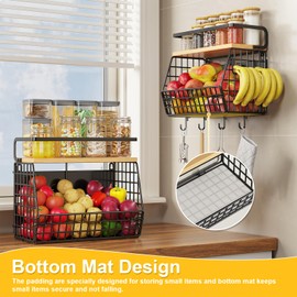 WBKATN Magnetic Shelf for Fridge with Wood Lid, Fruit Onion and Potato Storage Organizers, Wall Hanging Basket with 4 Hooks, Magnetic Spice Rack for Refrigerator and Kitchen Counter