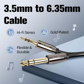 3.5mm to 6.35mm Aux Stereo Audio Extension Cable, 6.35 1/4" Male to 3.5 1/8" Male TRS Stereo Audio Cable for Guitar, Headphone, Home Theater Devices, Smartphones, Gold Plated Connectors(8ft/2pk)