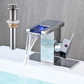 AVSIILE LED Bathroom Sink Faucet, Chrome Waterfall Single Hole Handle Vanity Faucets for Sinks 1 Hole with Metal Pop Up Drain and 2 Water Supply Lines, Side Handle