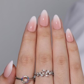 WAFOLOZE Gel Press On Nails - Short White Ombre, Almond Shape, Artificial Nails - 16 Sizes, 32pc Reusable Kit
