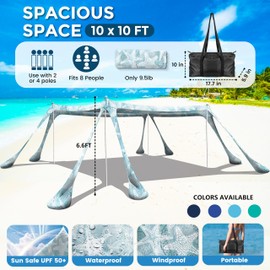 VIONMI Beach Canopy Beach Tent Pop Up Shade 10x10ft Sun Shelter UPF50+ with 8 Sandbags-2 Sand Shovel-4 Aluminum Poles-Ground Pegs-Portable Carrying Bag for Outdoor Family Camping Fishing Yard Picnic