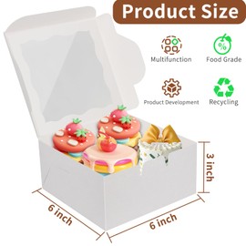 HONGFAPK HONGFAPK Bakery Boxes with Window 50pcs 6x6x3 Inches, Cookie Boxes, Mini Cake Box, Pastry Boxes, Dessert Box, Treat Boxes for Chocolate Covered Strawberries, Cupcakes, Donuts, Small Pie.