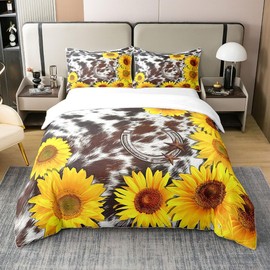 100% Organic Cotton Sunflower Cow Print Duvet Cover King,Brown Western Cowhide Bedding Set for Cowboy Cowgirl,Rustic Texas Star Farmhouse Comforter Cover,Farm Floral Bed Sets with 2 Pillowcases