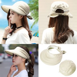 IBLUELOVER Women Detachable Empty Top Sun Hat Wide Brim Visor Summer Outdoor Hat Foldable Adjustable Beach Bucket Hat with Bowknot 2 in 1 UV Sun Protection Hat for Camping Cycling Gardening Beige