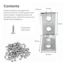 Angle Brackets for Wood Corner Bracket Galvanised L Shaped Brackets for Fixing and Repairing Furniture, Shelves, Windows, and Cabinets | 25mm x 25mm x 14.5mm - 32 Pack with 128 Screws