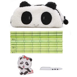13 Pcs Panda Theme Stationery Set Include 1 Pencil Case with 10 Bamboo Pencils 1 Panda Memo Pad and 1 Mini Ball-Point Pen for Student Kids Study Gift School Prize