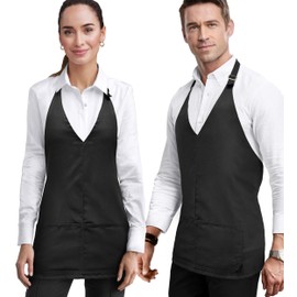 Under NY Sky V Neck Short Apron - Unisex Bib, Tuxedo Style - Lightweight, Front Slit, Hip Pockets - Adjustable For Server, Waiter, Chef, Bistro, Restaurant, Gift - Black V Neck Short Apron