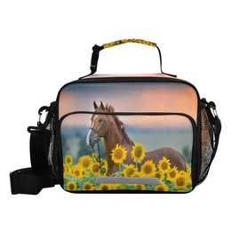 Lonchera con diseño de girasoles de caballo para niñas, bolsa de almuerzo para niños, bolsa térmica con correa ajustable para el hombro para niños