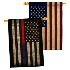 Thin Red and Blue Line House Flag - Pack Armed Forces Service All Branches Support Honor United State American Military Veteran USA Vintage Applique - Garden Yard Gift Double-Sided 28 X 40