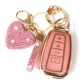 YIKECASE Key Fob Cover with Diamond Keychain Car Key Holder Compatible with Toyota 2018-2024 Highlander RAV4 Camry Avalon C-HR Corolla GT86 Smart Key Protector for Women, 4 Buttons (Silver-Heart)