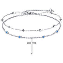 YAFEINI Cross Ankle Bracelets Sterling Silver Religius Double Chain Anklet Christian Christening Layered Anklet Jewellery Gifts for Women Girls, White Gold-Plated