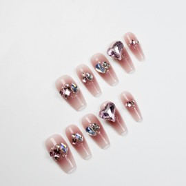 MAOLEETO Press on Nails, Middle Ladder Fake Nails Pink Glitter Diamonds False Nails Middle Pink Press on Nails for Women Girls Nail Art Decoration - Middle