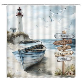 YSSFAV Nautical Coastal Shower Curtain Beach Ocean Lighthouse Seaside Boat Blue Teal Bathroom Decor Curtains Set with Hooks, 70" W x 70" H