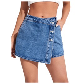 WDIRARA Women's High Waisted Button Front Denim Skort Asymmetrical Hem Skirt Shorts Blue Solid Medium