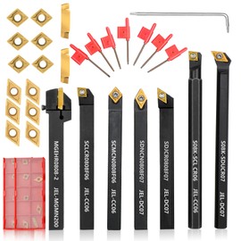 Indexable Lathe Turning Tool 21Pcs Kit 5/16" 8mm Shank 7 Pcs Metal Lathe Tool Holder Set with 14 Pcs Turning Inserts for Turning Grooving Threading Boring Carbide Inserts Carbide Turning Tool