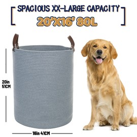 Caroeas XX-Large Cotton Rope Basket, 20'' x 16'' Rope Baskets with Leather Handles, 80L Woven Baby Laundry Blanket Basket, Woven Basket for Toys, Collapsible Thread Laundry Hamper (Grey)