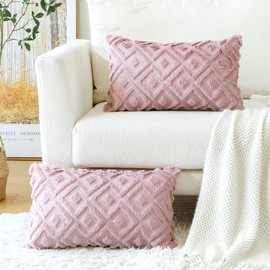 Artscope Set of 2 Wool Cushion Covers, Soft Plush, Short Wool Velvet, Decorative Cushion Covers, Luxurious Sofa Cushion, Boho Cushion Cover for Sofa, Bedroom, Geometric Pink, 30 x 50 cm