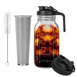 Brew Coffee Maker Jar - 64 oz Thick Glass Pitcher with 2 Lids - Stainless Steel Filter for Iced Brew Coffee, Lemonade, Ice Tea, Homemade Fruit Drinks Container