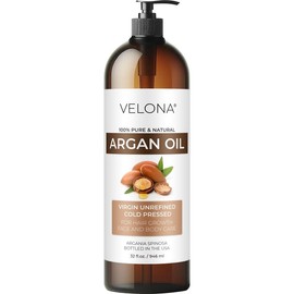 velona Argan Oil - 32 Fl Oz (With Pump) | 100% Pure and Natural | Morocco Oil | Stimulate Hair Growth, Skin, Body and Face Care | Nails Protector | Unrefined, Cold Pressed | Cap Kit