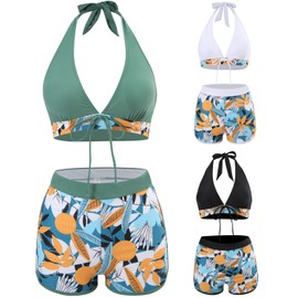TAGNEFLOR Trajes de Baño Mujer 2 Piezas,Talle Alto Bikini Bañador para Dama,Adecuado bañadores para Playa Piscina Vacaciones (MX/US, Alfa, Mediano, Regular, Regular, Verde Oscuro/Floral Hoja)