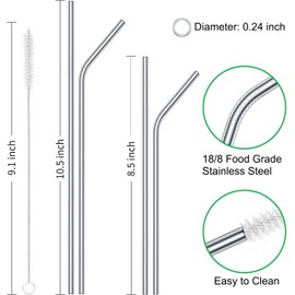Vinaco Stainless Steel Straws Reusable, 12 Pack 8.5" & 10.5" Metal Straws 0.24" for 20 oz - 32 oz Tumblers, Long Drinking Straws with Cleaning Brush for Coffee, Juice, Cocktail and Hot Drinks